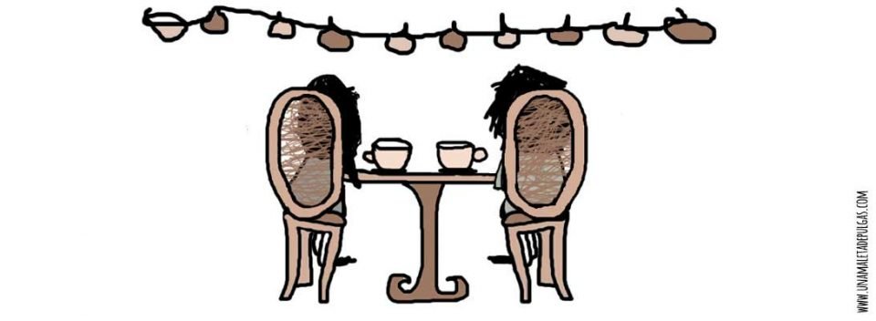 Dibujo texto Cafeterías. Aparecen dos personas, una chica y un chico de espaldas sentados tomando un café.