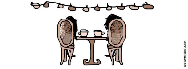 Dibujo texto Cafeterías. Aparecen dos personas, una chica y un chico de espaldas sentados tomando un café.