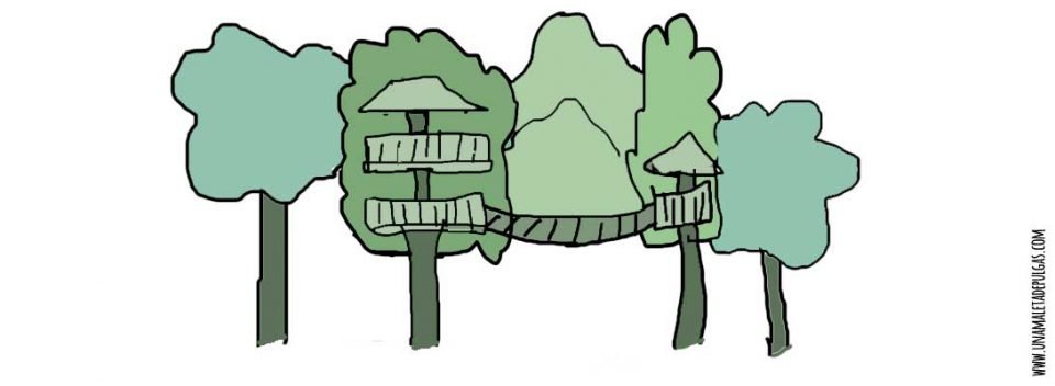 Dibujo texto Casa del árbol. En medio de un bosque una pequeña casa con un puento se sostiene sobre las ramas de unos árboles.