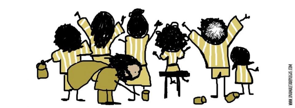 Dibujo texto Latas. Un señor con una saco sobre los hombros recoge latas entre la gente que está viendo un partido de béisbol.