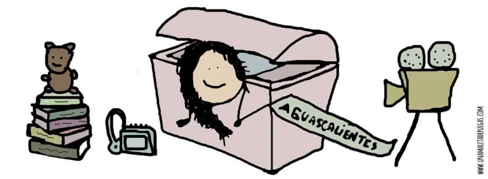 Dibujo texto Aguascalientes. Una niña se asoma por un baúl, a su alrededor libros amontonados hay libros, un osito de peluche, una cámara de de cine...