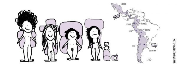 Dibujo chicas mochileras desnudas con un mapa de Latinoamerica. Feminismo