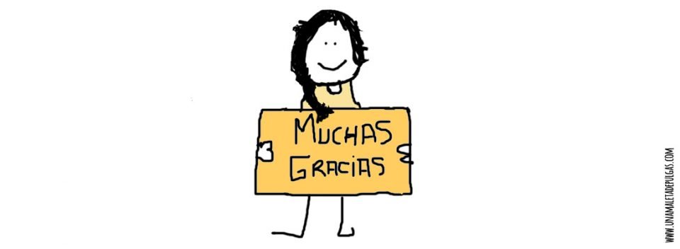 Dibujo chica cartel con Gracias. Agradecimiento. Seguro médico. Una maleta de pulgas