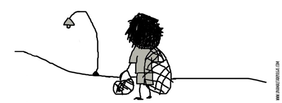 Dibujo trabajo infantil. Niño vendiendo hamacas por las calles de noche.