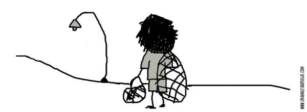 Dibujo trabajo infantil. Niño vendiendo hamacas por las calles de noche.