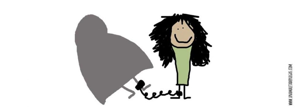 Dibujo espíritu de gordo. Niña encadenada a una sombra gorda que se representa su pasado. Obesidad