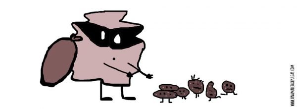 Dibujo de un pequeño monstruo con antifaz intentando capturar galletas.